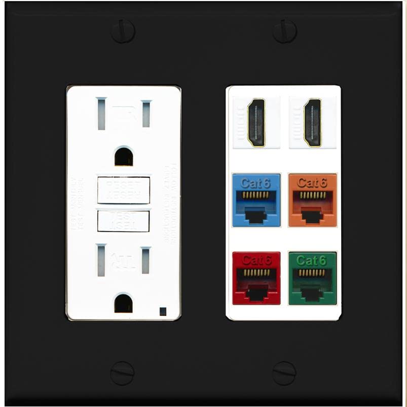 RiteAV 2 HDMI 4 Cat6 Ethernet Mixed Color Wall Plate - GFCI [Black/White]