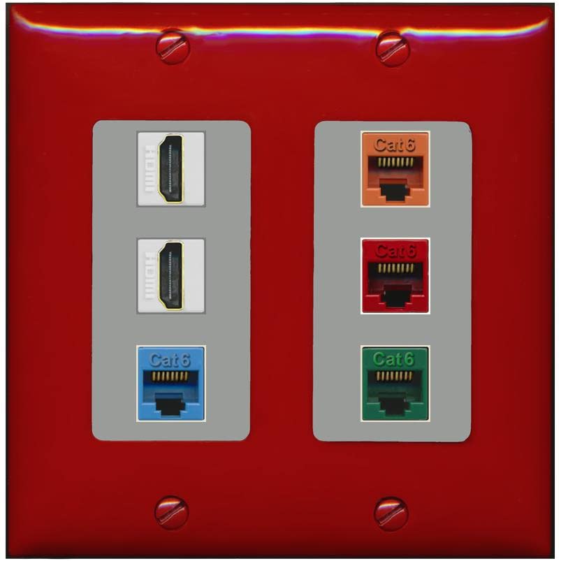 RiteAV 2 HDMI 4 Cat6 Ethernet Mixed Color Wall Plate - 2 Gang [Red/Gray]