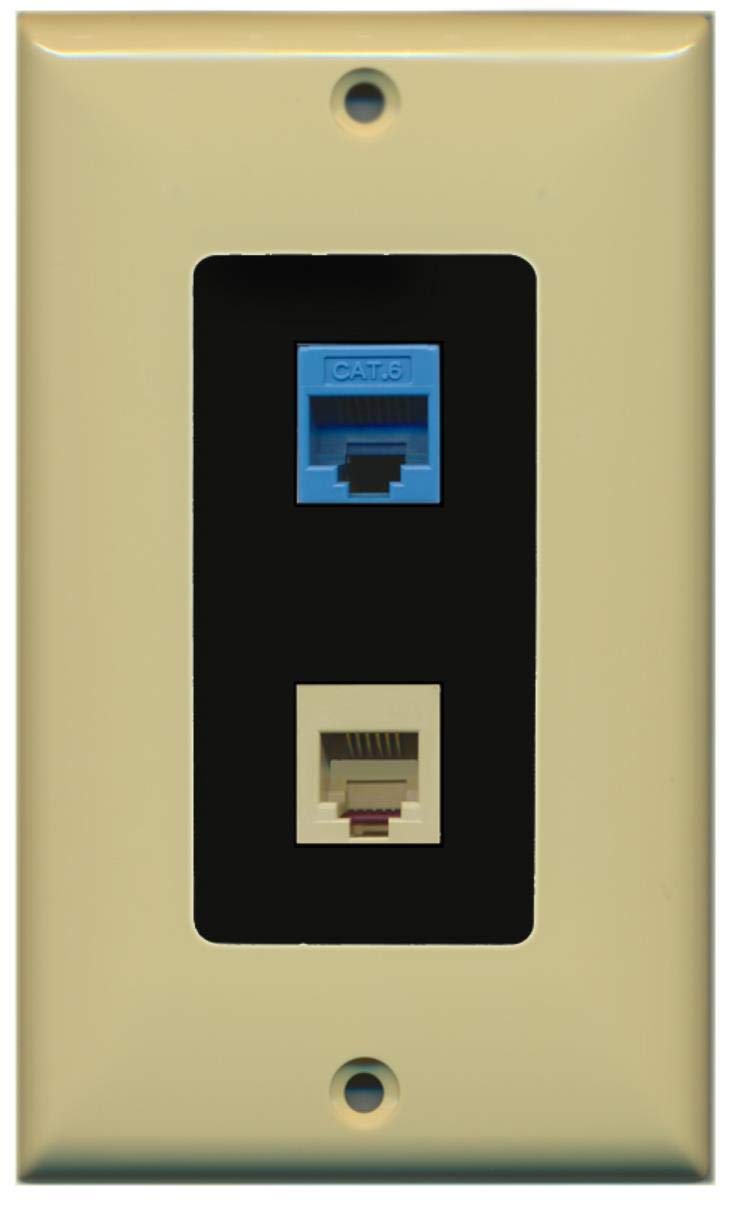 RiteAV - 1 Port Phone Beige 1 Port Cat6 Ethernet Blue Decorative Wall Plate - Ivory/Black - Bracket Included