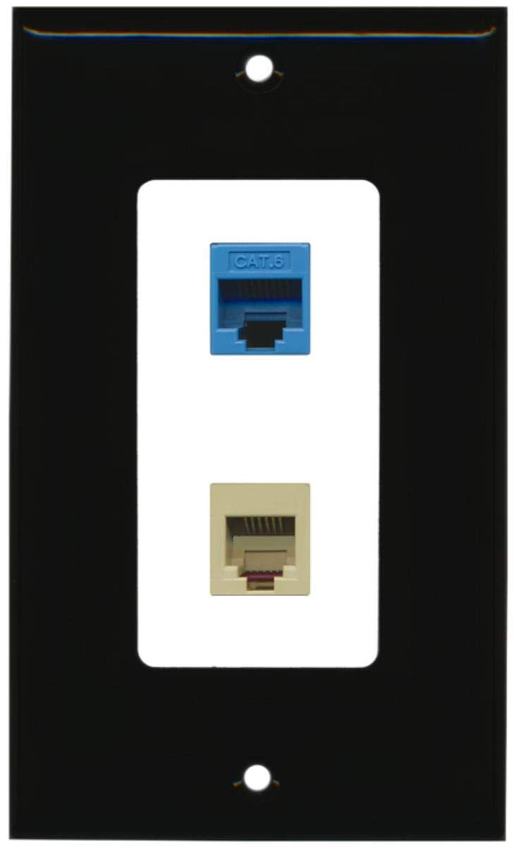 RiteAV - 1 Port Phone Beige 1 Port Cat6 Ethernet Blue Decorative Wall Plate - Black/White - Bracket Included