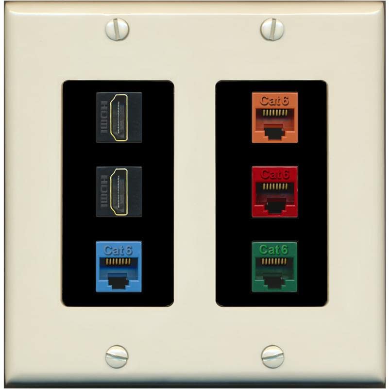 RiteAV 2 HDMI 4 Cat6 Ethernet Mixed Color Wall Plate - 2 Gang [Light-Almond/Black]