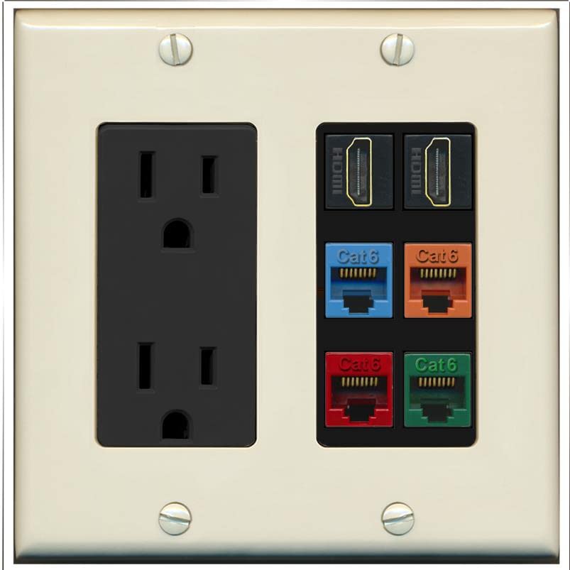 RiteAV 2 HDMI 4 Cat6 Ethernet Mixed Color Wall Plate - Outlet [Light-Almond/Black]