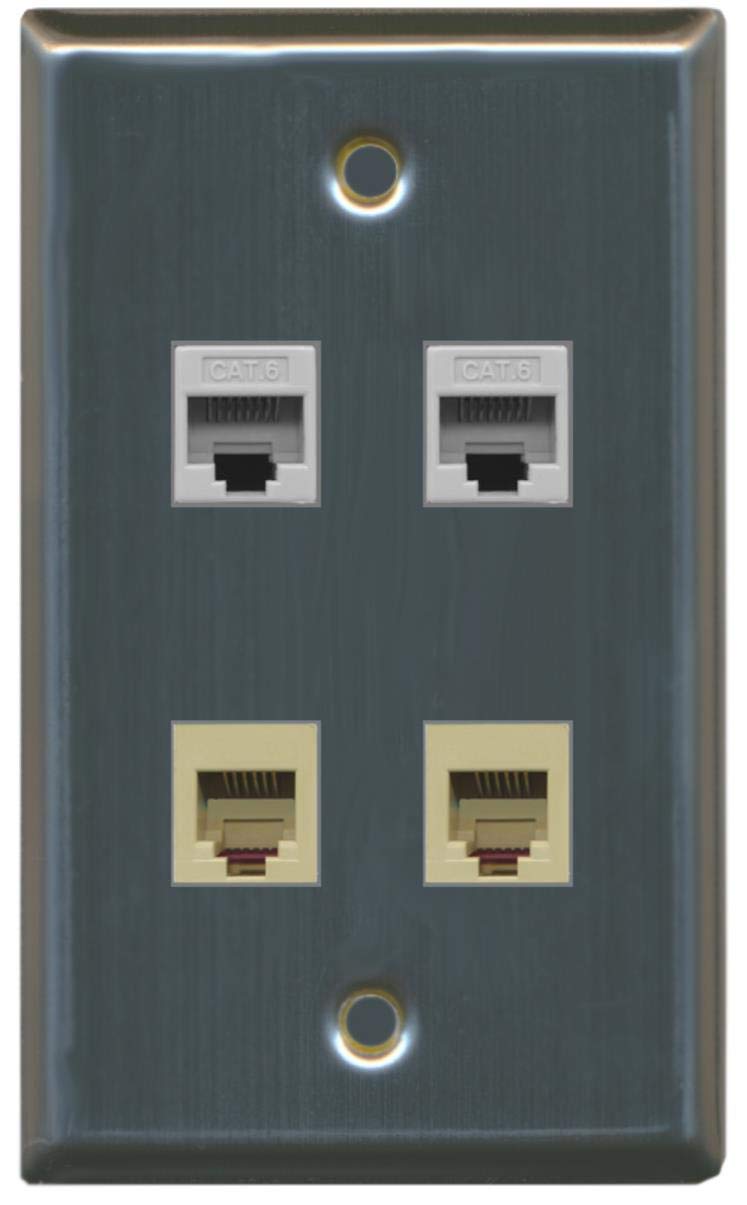 RiteAV - 2 Port Phone RJ11 RJ12 and 2 Port Cat6 Ethernet Wall Plate - Stainless Steel/Gray