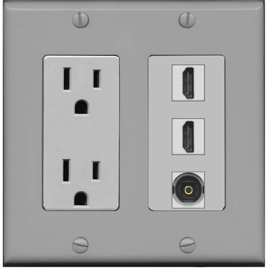RiteAV - 15 Amp Power Outlet 2 Port HDMI 1 Port Toslink Decorative Wall Plate - Gray