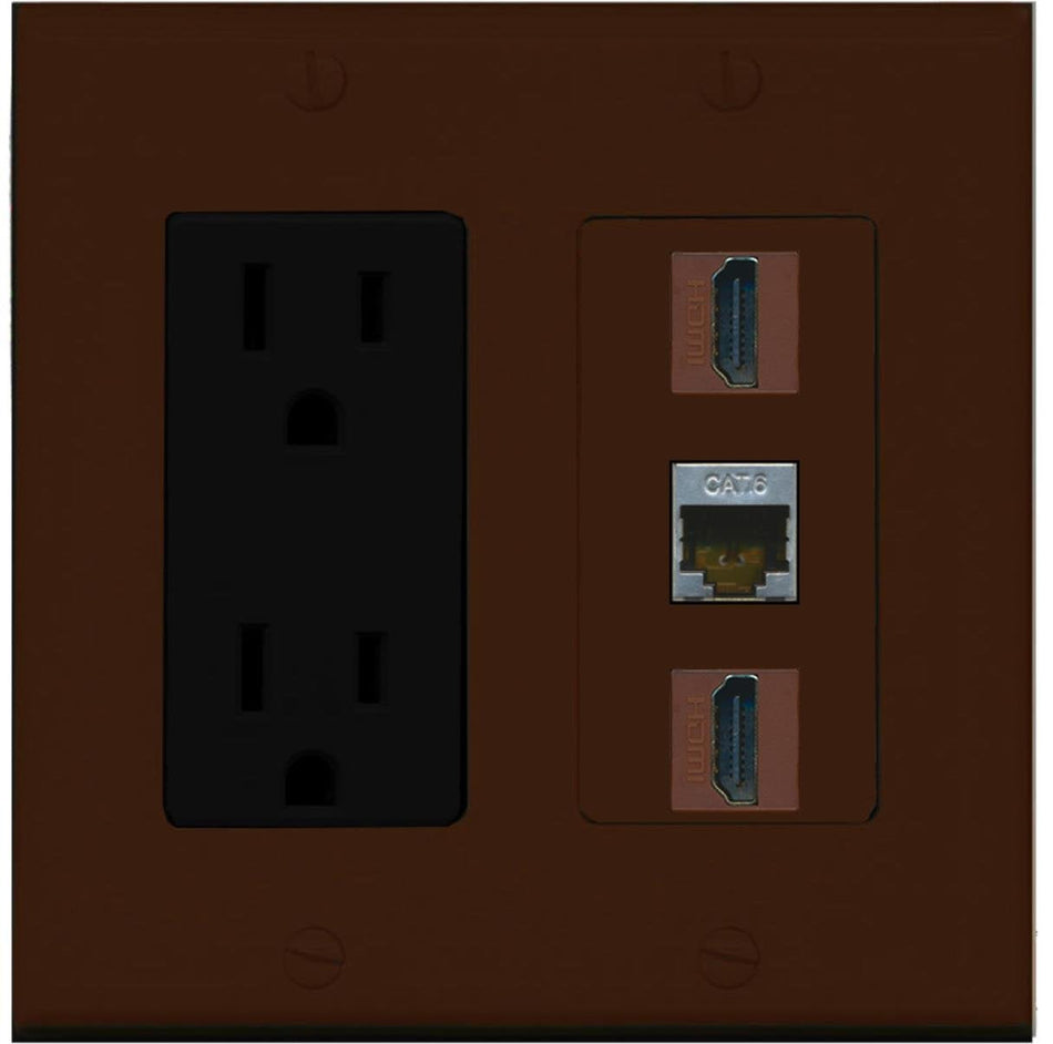 RiteAV - 15 Amp Power Outlet 2 Port HDMI 1 Port Shielded Cat6 Decorative Wall Plate - Brown