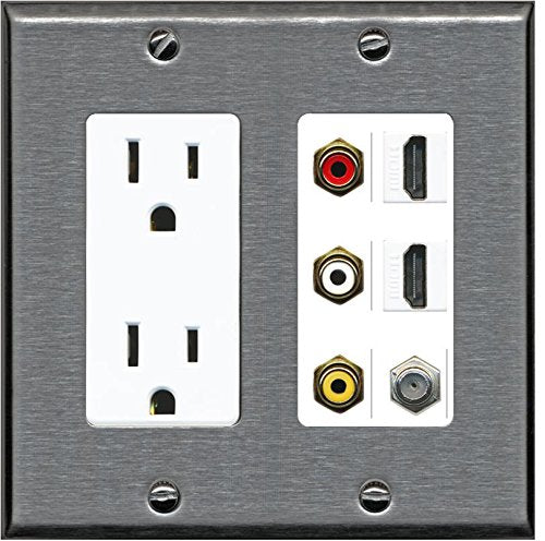 RiteAV - (2 Gang Decorative 15A Outlet 2 HDMI Coax Composite Wall Plate Stainless Steel