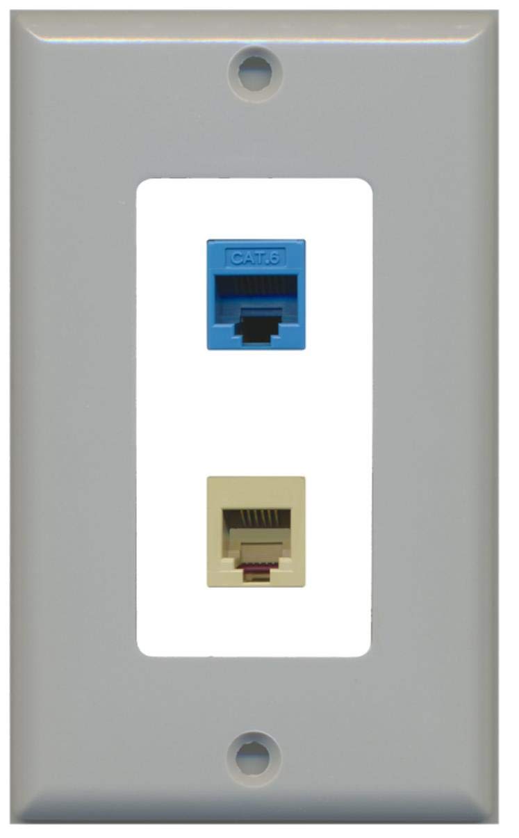 RiteAV - 1 Port Phone Beige 1 Port Cat6 Ethernet Blue Decorative Wall Plate - Gray/White - Bracket Included