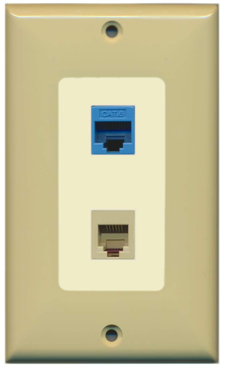RiteAV - 1 Port Phone Beige 1 Port Cat6 Ethernet Blue Decorative Wall Plate - Ivory/Light Almond - Bracket Included