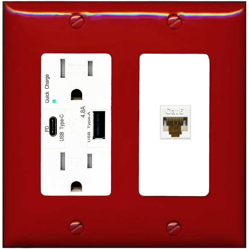 RiteAV 1 Port Cat6 Ethernet Wall Plate Female-Female - USB A+C Charger [Red/White]
