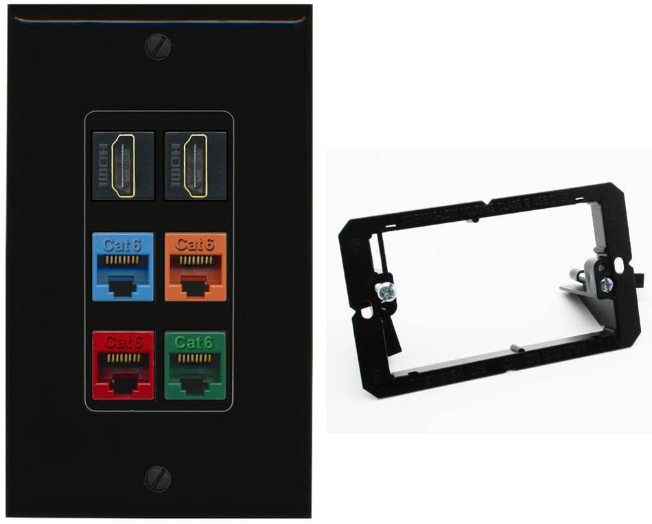 RiteAV 2 HDMI 4 Cat6 Ethernet Mixed Color Wall Plate - 1 Gang w-Bracket [Black/Black]