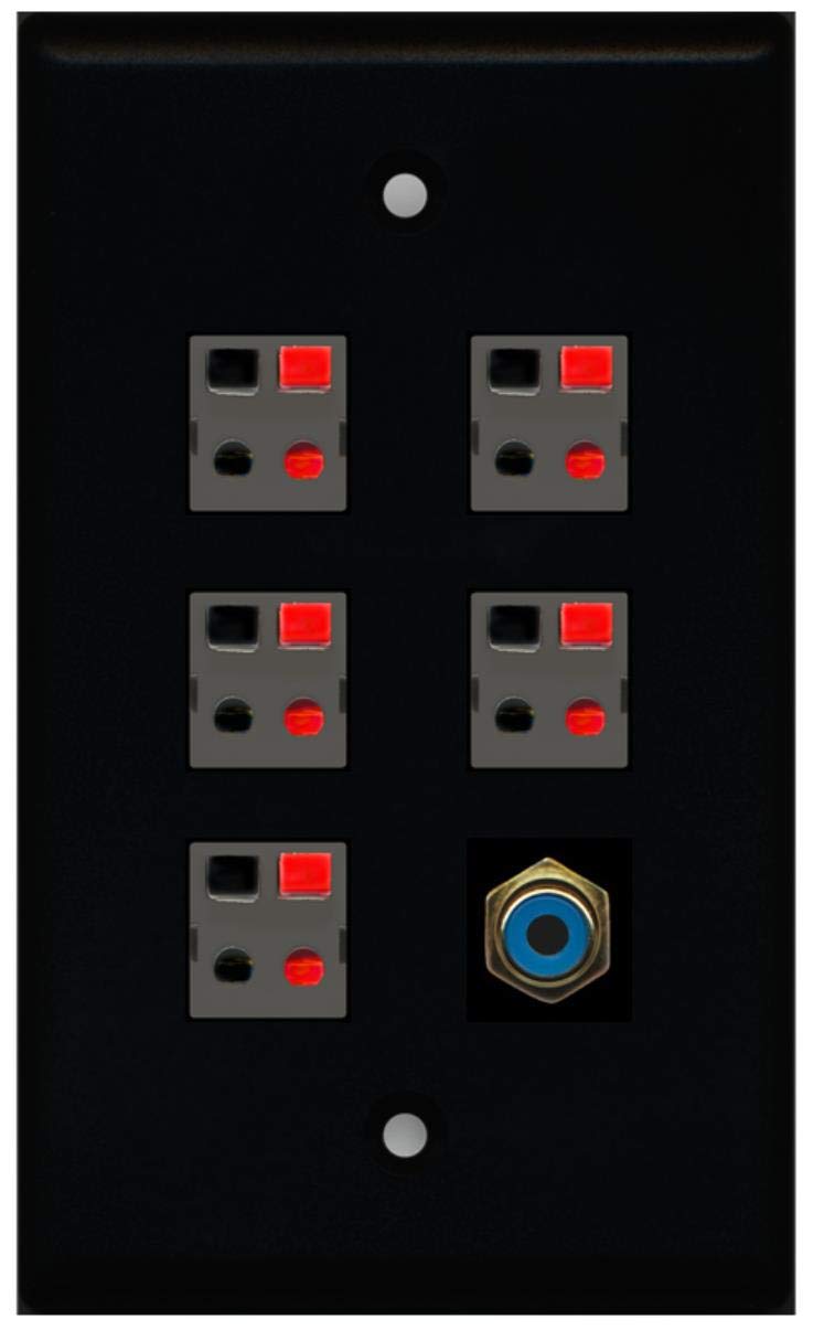 RiteAV 5 x Speaker Jacks and 1 x RCA Subwoofer Port Wall Plate Single Gang - Black