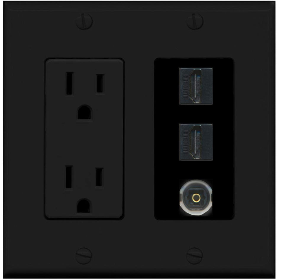 RiteAV - 15 Amp Power Outlet 2 Port HDMI 1 Port Toslink Decorative Wall Plate - Black