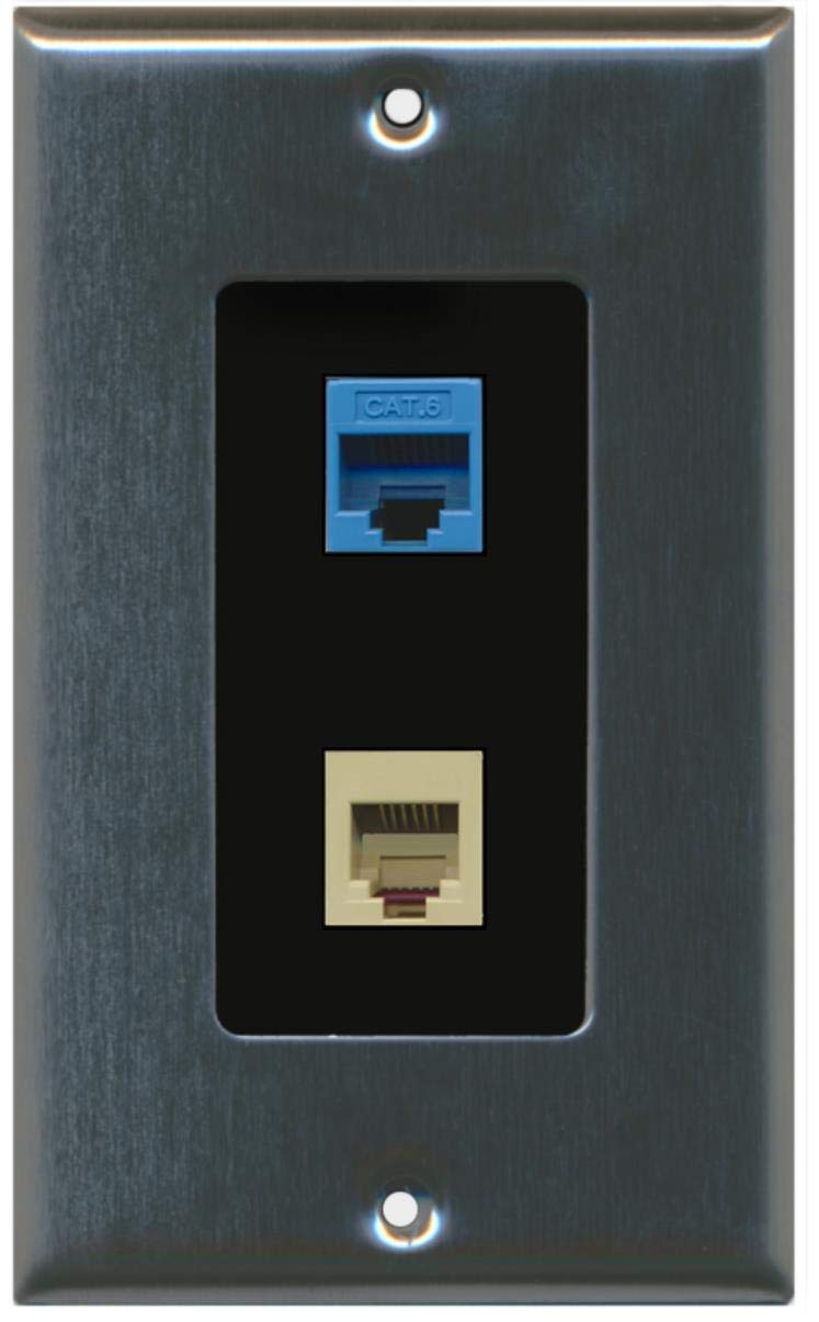 RiteAV - 1 Port Phone Beige 1 Port Cat6 Ethernet Blue Decorative Wall Plate - Stainless/Black - Bracket Included