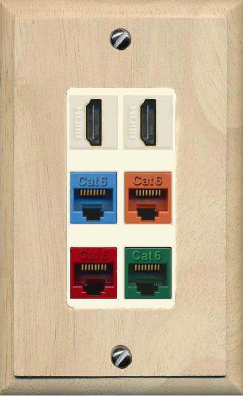 RiteAV 2 HDMI 4 Cat6 Ethernet Mixed Color Wall Plate - 1 Gang [Wood/Light-Almond]