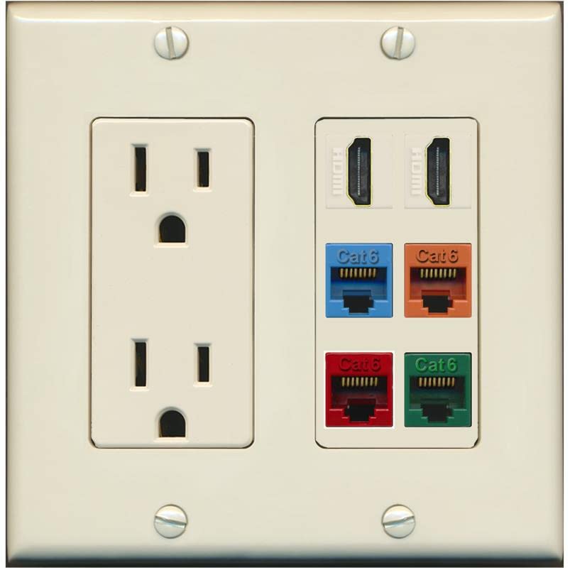 RiteAV 2 HDMI 4 Cat6 Ethernet Mixed Color Wall Plate - Outlet [Light-Almond]