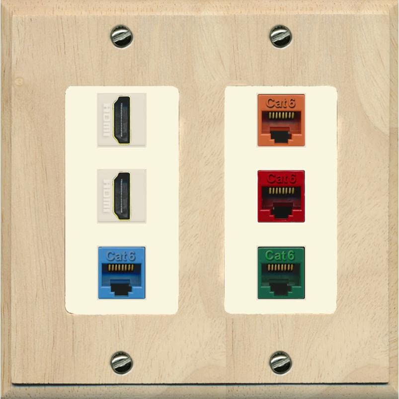RiteAV 2 HDMI 4 Cat6 Ethernet Mixed Color Wall Plate - 2 Gang [Wood/Light-Almond]