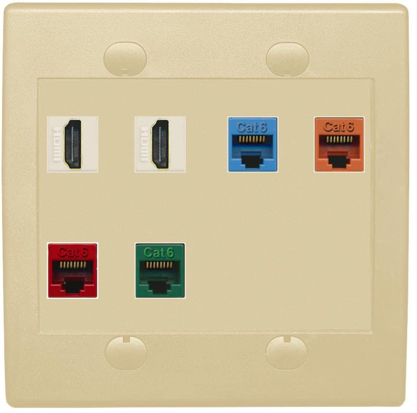 RiteAV 2 HDMI 4 Cat6 Ethernet Mixed Color Wall Plate - Flat 2 Gang [Ivory/Ivory]