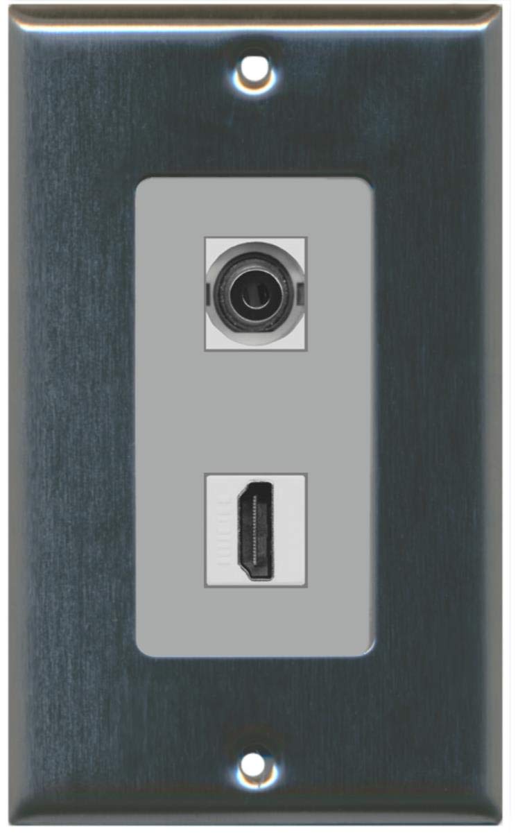 RiteAV - 3.5mm Audio Headphone Jack and 1 HDMI Port Wall Plate Decorative - Stainless Steel/Gray - Bracket Included
