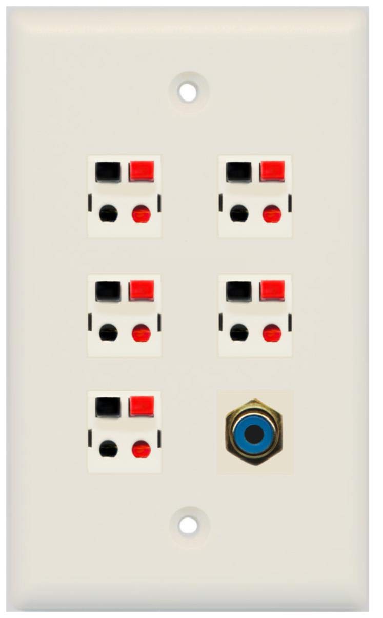 RiteAV 5 x Speaker Jacks and 1 x RCA Subwoofer Port Wall Plate Single Gang - Light Almond
