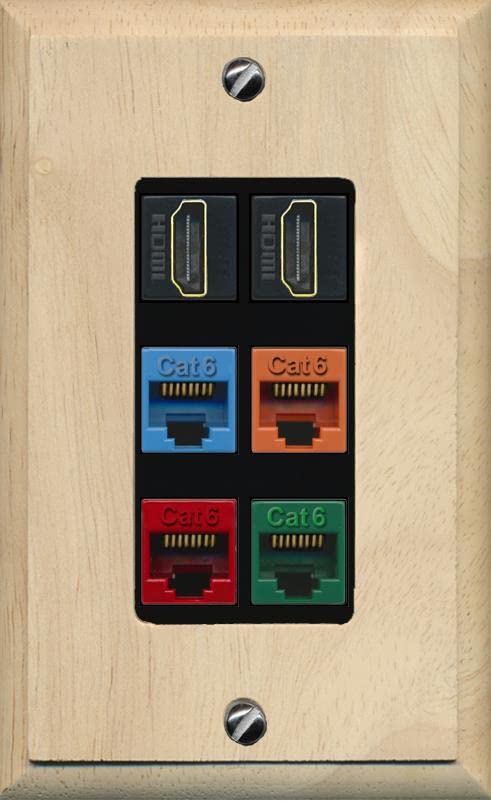 RiteAV 2 HDMI 4 Cat6 Ethernet Mixed Color Wall Plate - 1 Gang [Wood/Black]