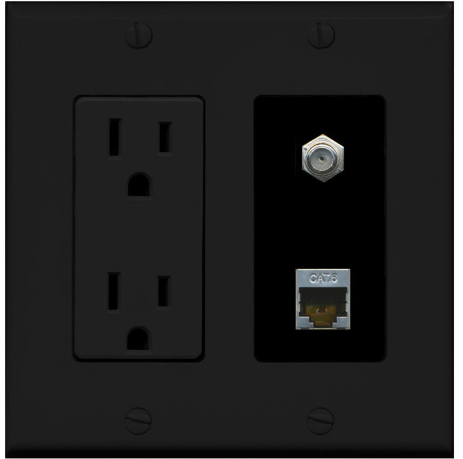 RiteAV - 15 Amp Power Outlet and 1 Port Coax Cable TV- F-Type and 1 Port Shielded Cat6 Ethernet Decorative Type Wall Plate - Black