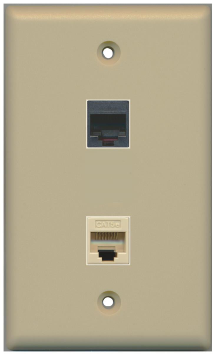 RiteAV - 1 RJ11 RJ12 Black Phone Port and 1 Cat5e Ethernet Port Wall Plate - Ivory - Bracket Included