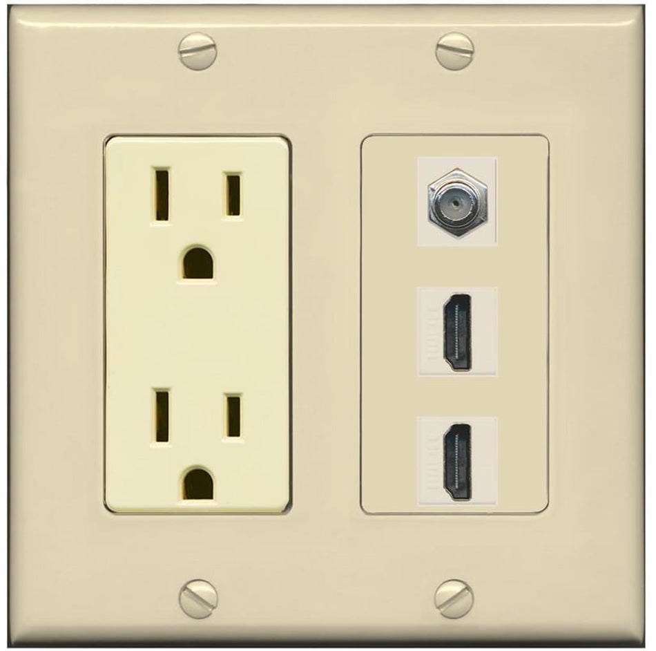 RiteAV - 15 Amp Power Outlet 2 Port HDMI 1 Port Coax Decorative Wall Plate - Ivory