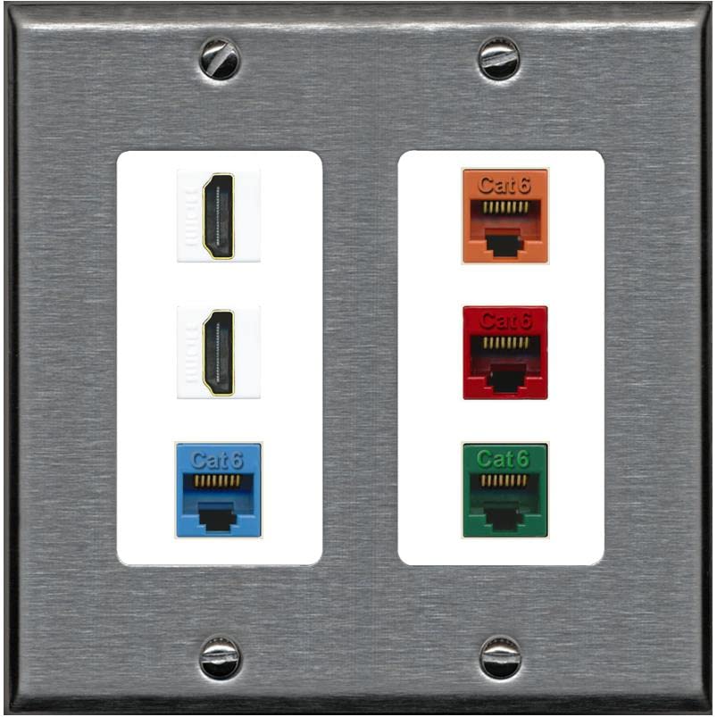 RiteAV 2 HDMI 4 Cat6 Ethernet Mixed Color Wall Plate - 2 Gang [Stainless/White]