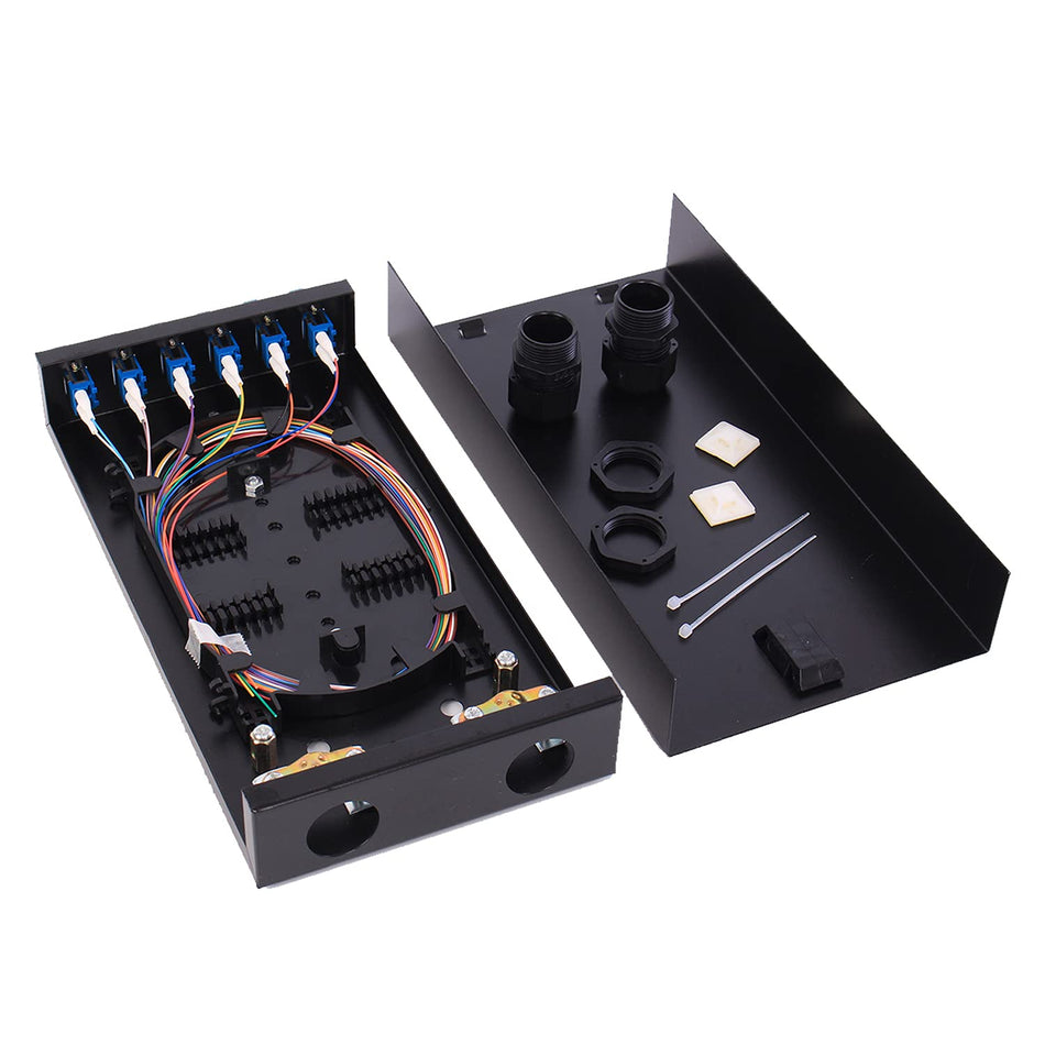 LC-SM 6 Duplex Box Cables 12 Port Wall Mount Fiber Enclosure With Spool Singlemode OS1 Kit - Includes 1 Meter 12 Strand UPC Pigtail and 6 Port Duplex LGX Loaded Panel