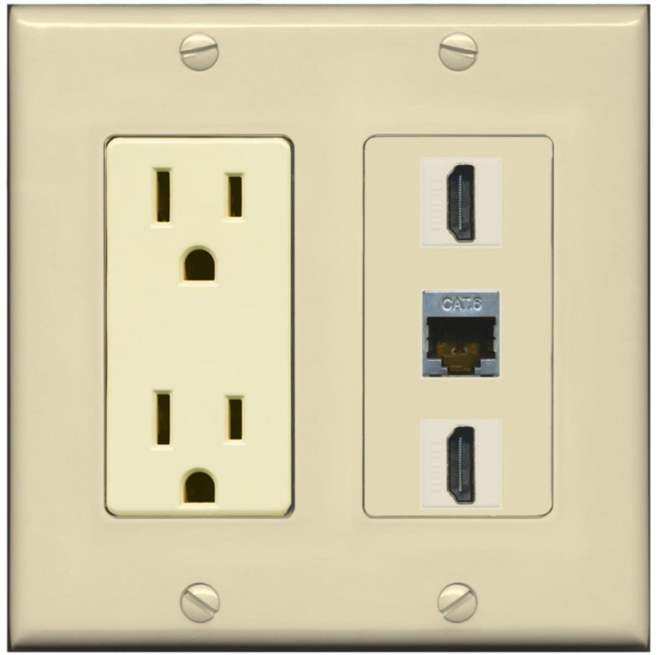 RiteAV - 15 Amp Power Outlet 2 Port HDMI 1 Port Shielded Cat6 Decorative Wall Plate - Ivory