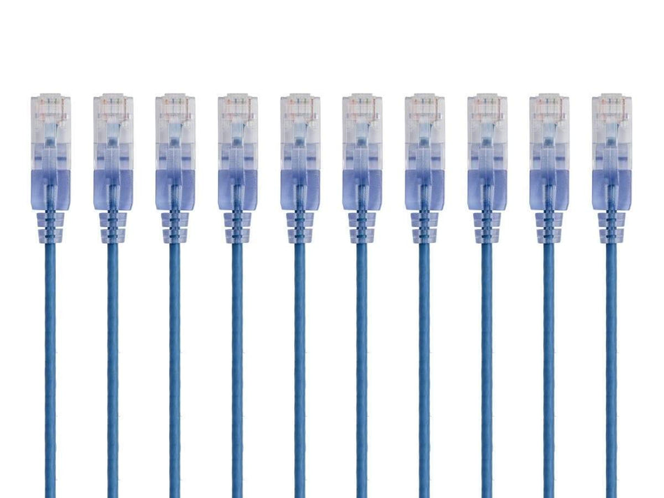 Monoprice Cat6A Ethernet Patch Cable - Snagless RJ45, 550Mhz, 10G, UTP, Pure Bare Copper Wire, 30AWG, 10-Pack, 3 Feet, Blue - SlimRun Series
