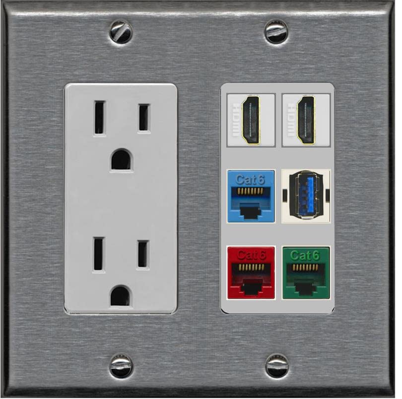 Outlet Color:gray RiteAV 2 HDMI 3 Cat6 Ethernet USB3 Mixed Color Wall Plate - Outlet [St