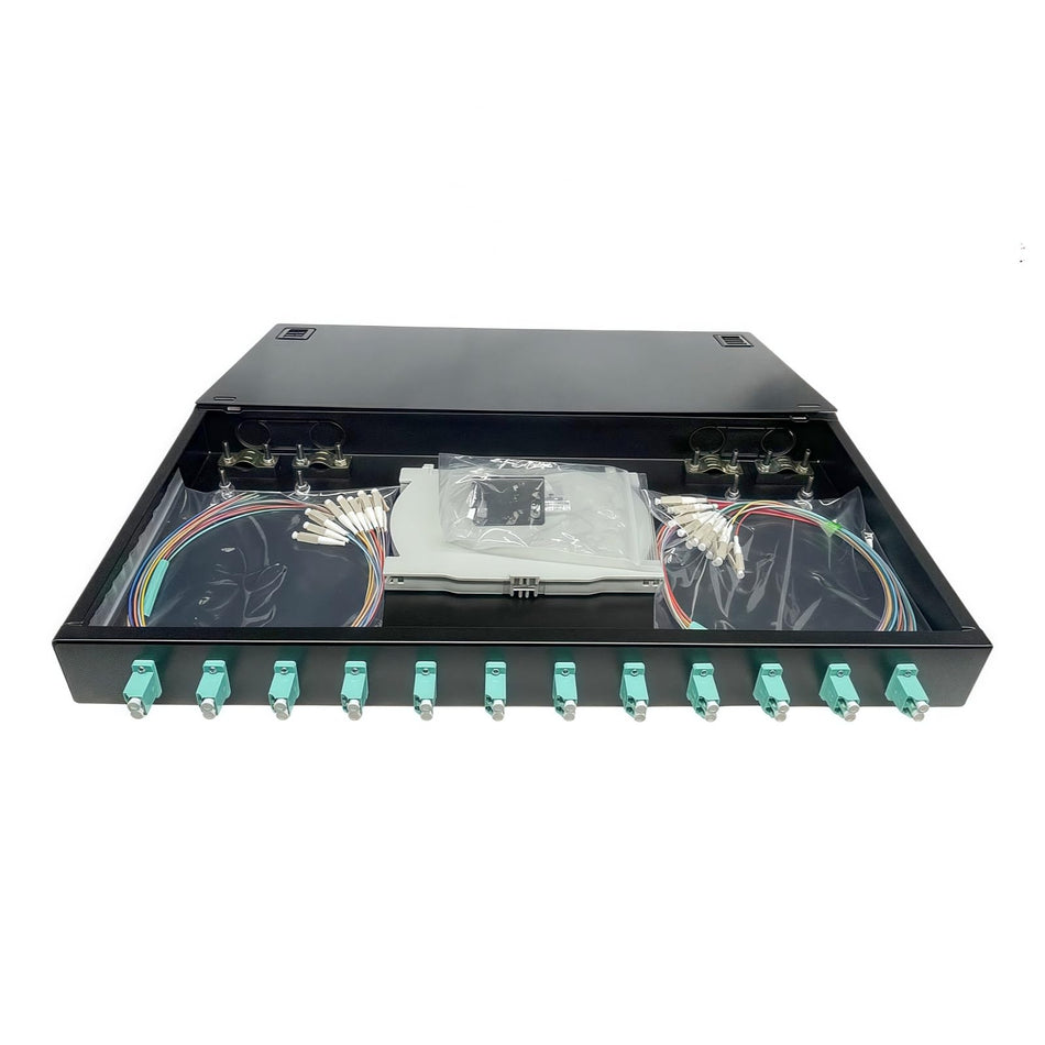 RiteAV - 12-Port LC Duplex OM3 Multimode Fiber Patch Panel, 24-Core Rack Mount Enclosure with Splice Trays & Couplers & Pigtails for 19" Cabinets