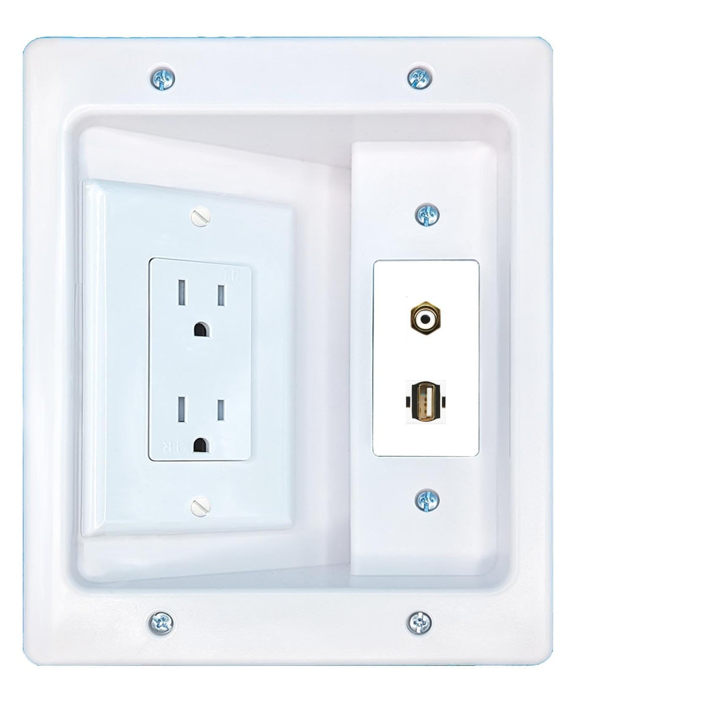RiteAV RCA-White USB2 Recessed Wall Plate Cable Concealer Management Kit with Power Outlet Hides Cords and Cables