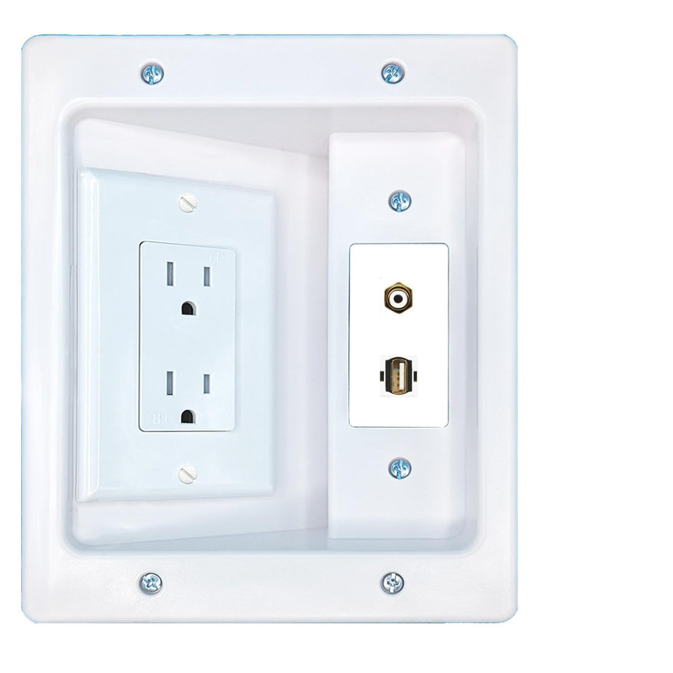 RiteAV RCA-White USB2 Recessed Wall Plate Cable Concealer Management Kit with Power Outlet Hides Cords and Cables