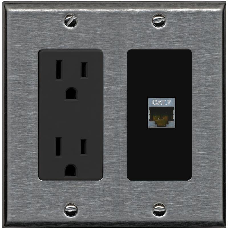 RiteAV 1 Port Cat7 Shielded Ethernet Wall Plate - Outlet [Stainless/Black]
