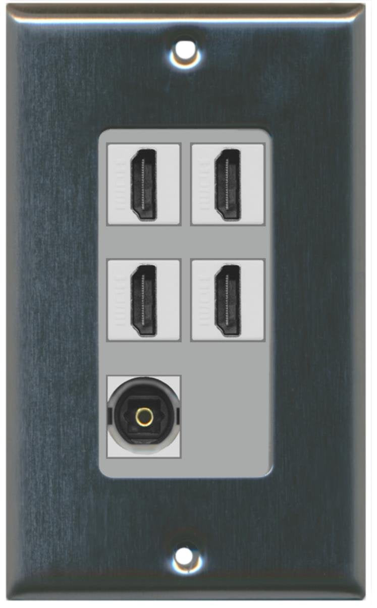 RiteAV - 4 x HDMI and 1 x Toslink Digital Audio Port Wall Plate - Stainless Steel/Gray