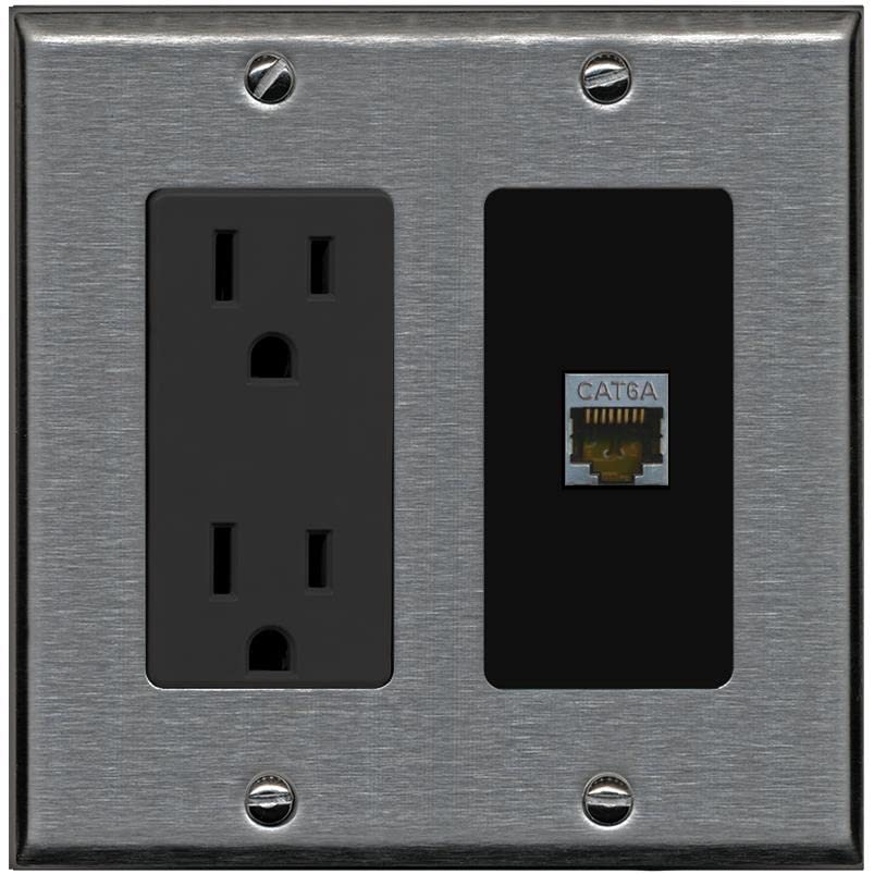 RiteAV 1 Port Cat6A Wall Plate - Outlet [Stainless/Black]
