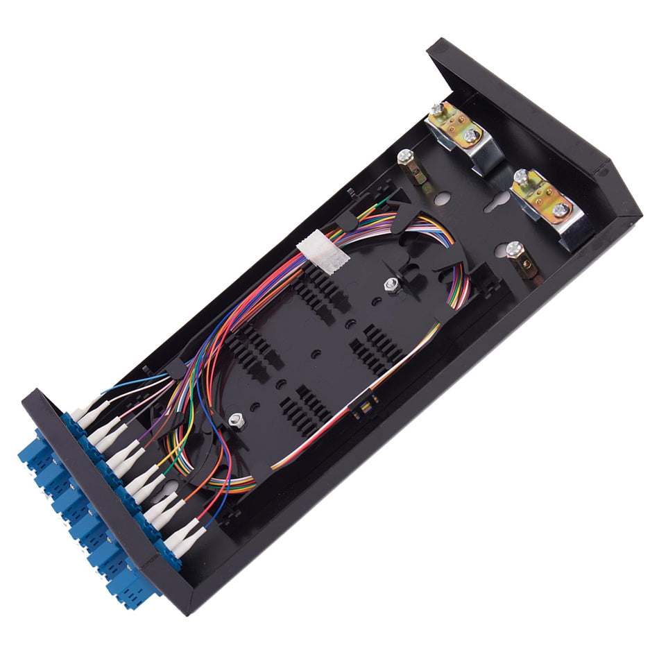 Single Mode Fiber Enclosure Kit - 12 Fiber Port OS1 Box, LC SM 12 Strand LC-UPC Pigtail Cable, LGX Loaded Panel - Wall Mount for Enterprise, Home, Data Center Networks