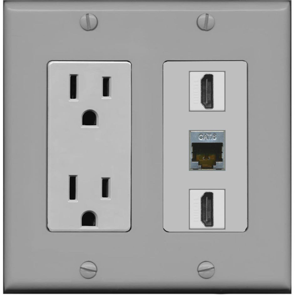 RiteAV - 15 Amp Power Outlet 2 Port HDMI 1 Port Shielded Cat6 Decorative Wall Plate - Gray