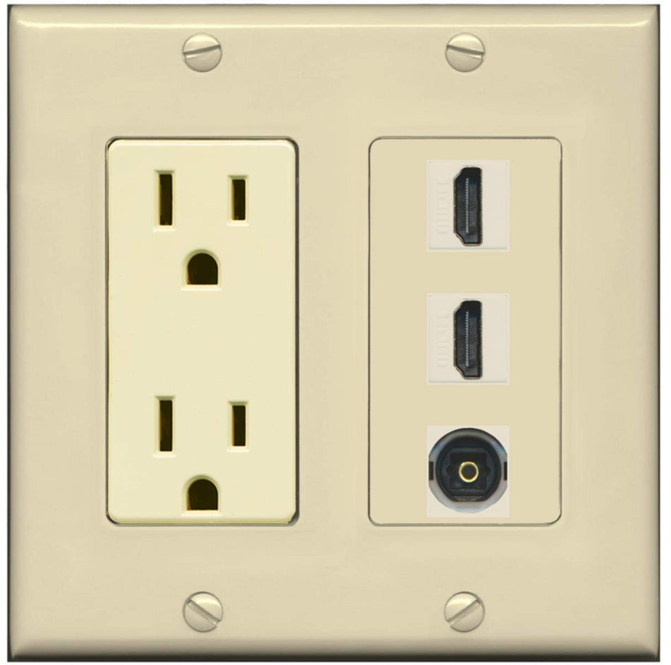 RiteAV - 15 Amp Power Outlet 2 Port HDMI 1 Port Toslink Decorative Wall Plate - Ivory
