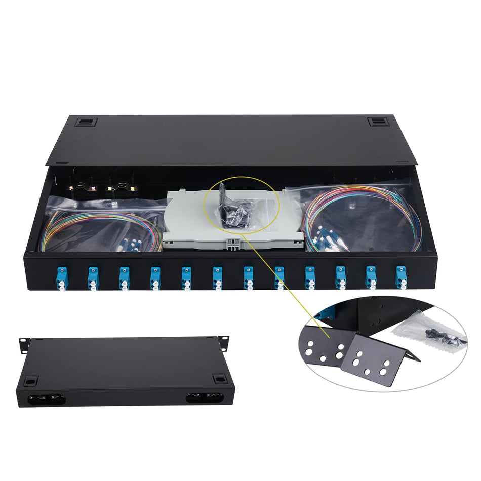 RiteAV - 2 Packs 12 Duplex Singlemode 24 Port LC UPC Fiber Optic Rack Mount Enclosure Box + Splice Trays Fiber Cables LC Kit (Include Coupler & Pigtail), 24 Core LGX Box fits for 19" Racks Cabinet