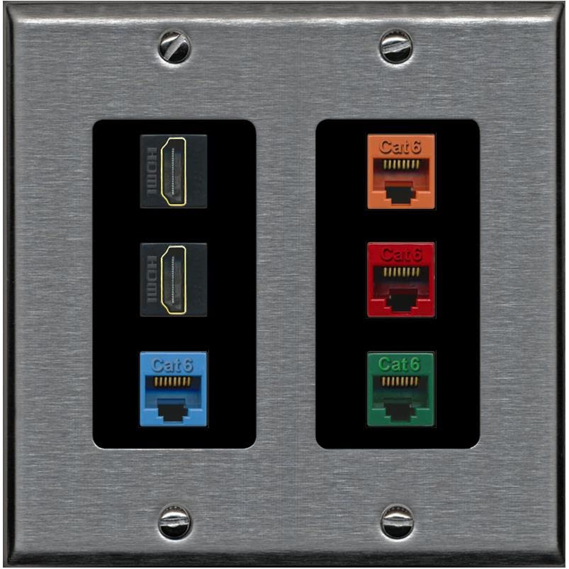 RiteAV 2 HDMI 4 Cat6 Ethernet Mixed Color Wall Plate - 2 Gang [Stainless/Black]