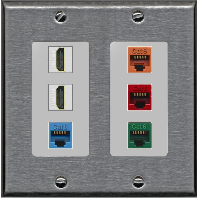 RiteAV 2 HDMI 4 Cat6 Ethernet Mixed Color Wall Plate - 2 Gang [Stainless/Gray]