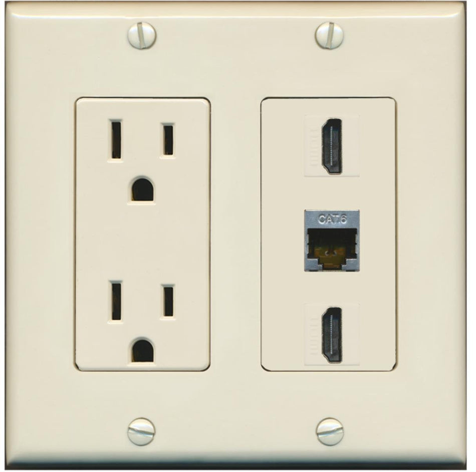 RiteAV - 15 Amp Power Outlet 2 Port HDMI 1 Port Shielded Cat6 Decorative Wall Plate - Light Almond
