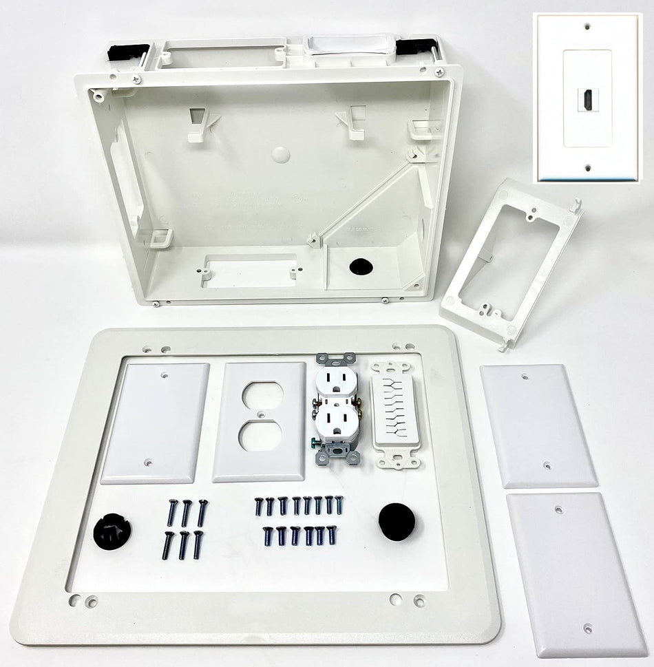 Recessed Television Box with 1 Port HDMI Wall Plate- Conceals Power and Low Voltage Cabling Behind The Wall - White