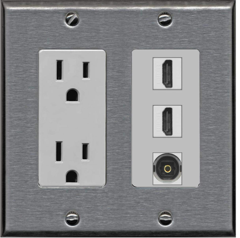 RiteAV - 15 Amp Power Outlet 2 Port HDMI 1 Port Toslink Decorative Wall Plate - Stainless Steel/Gray