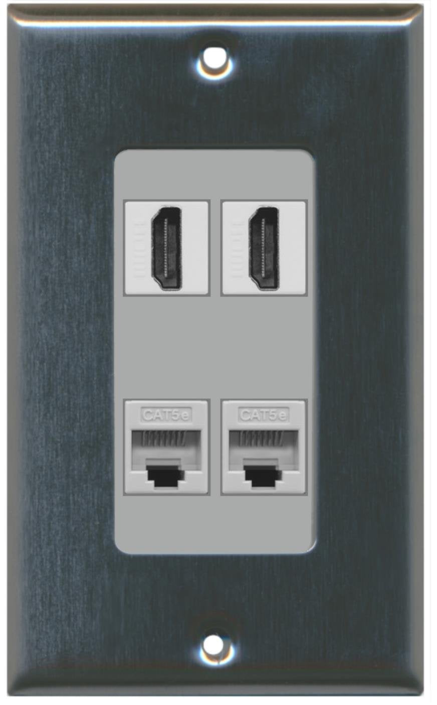 RiteAV - 2 x HDMI and 2 x Cat5e Ethernet Port Wall Plate Decorative - Stainless Steel/Gray