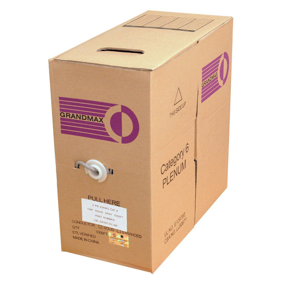 GRANDMAX CAT6 550MHz Plenum Solid Bulk Cable, 1000ft, UTP Pull Box, CMP Rated, 100% Pure Copper, Multiple Colors Available, 4 Pair, 23 AWG/1000FT/GRAY