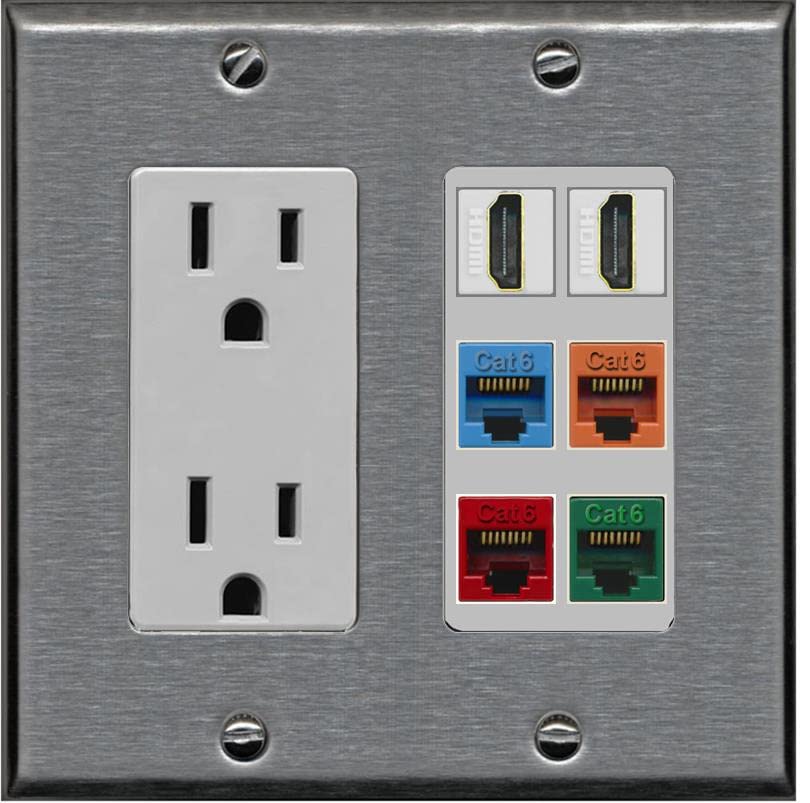 RiteAV 2 HDMI 4 Cat6 Ethernet Mixed Color Wall Plate - Outlet [Stainless/Gray]
